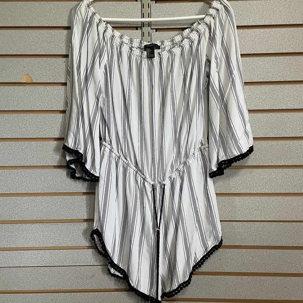 Forever 21 Shorts  Romper Large L Black White Striped Off The Shoulder Drawstrin